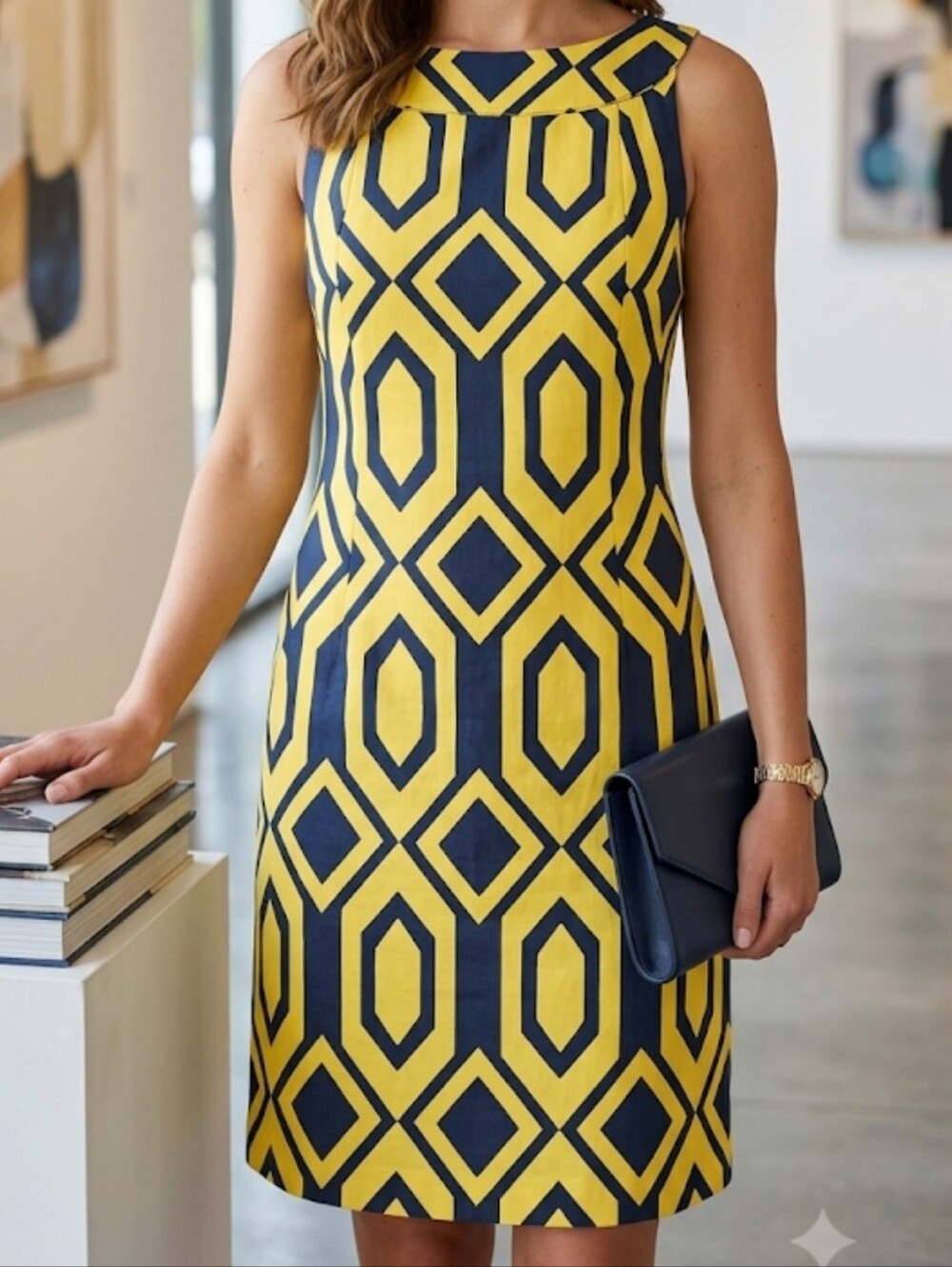 Ralph Lauren Black Label Yellow and Navy Geometric Mod Shift Midi Dress Size 10